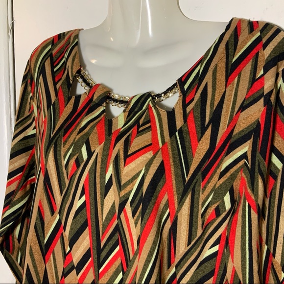 Rafaella Geometric Stripes Earthy Colors Lace Chain Neckline L/P TOP - Picture 5 of 13